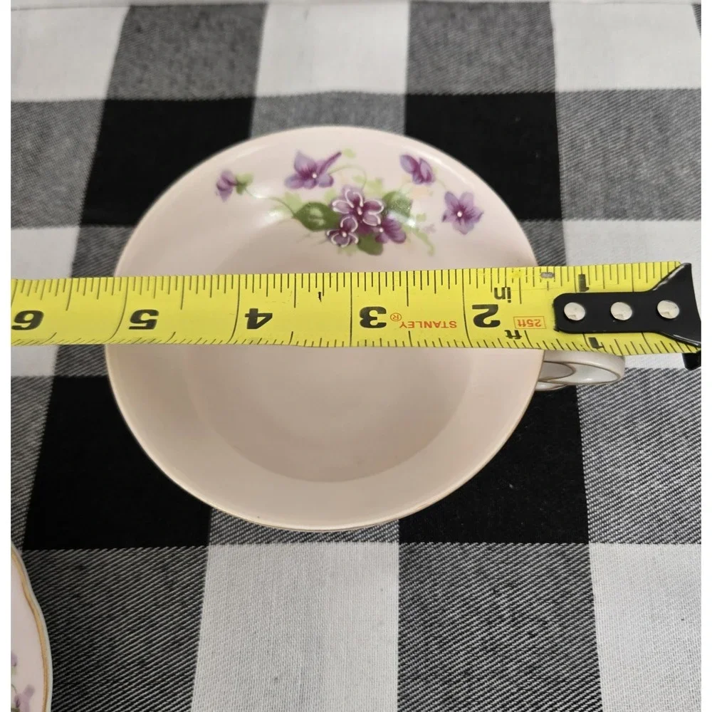 Teacup & Saucer‎ Fancy Violets Gold Trim Unique Open Loop Handle Footed Base